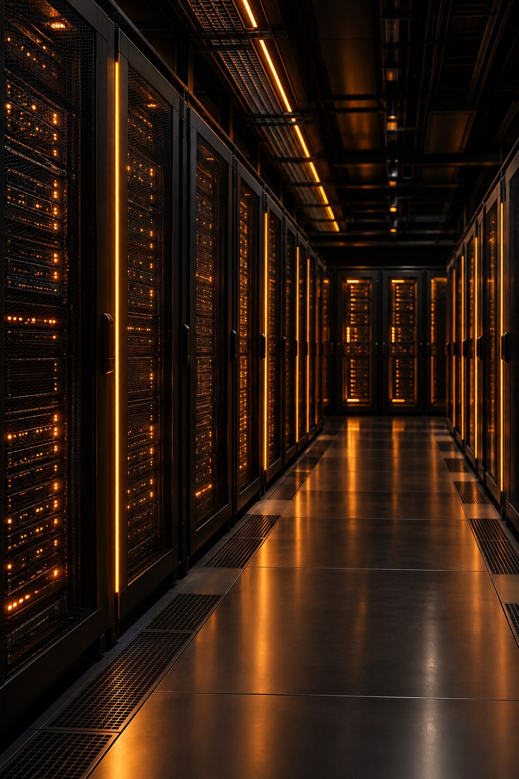 Representação conceitual de racks de servidores em um data center, com iluminação em tons de âmbar e laranja.