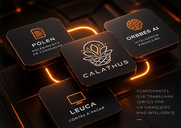 Leuca, Pólen e Orbbes AI conectados ao Calathus por linhas luminosas.