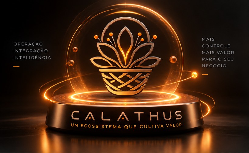 Calathus — um ecossistema que cultiva valor. Emblema dourado envolvido por conexões de luz.