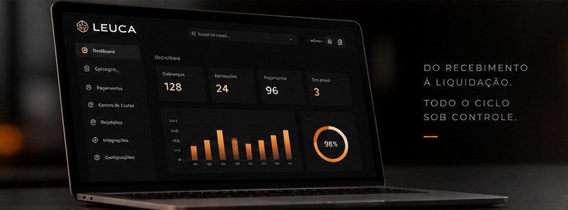 Notebook com representação ilustrativa do painel financeiro Leuca, com indicadores e gráficos.
